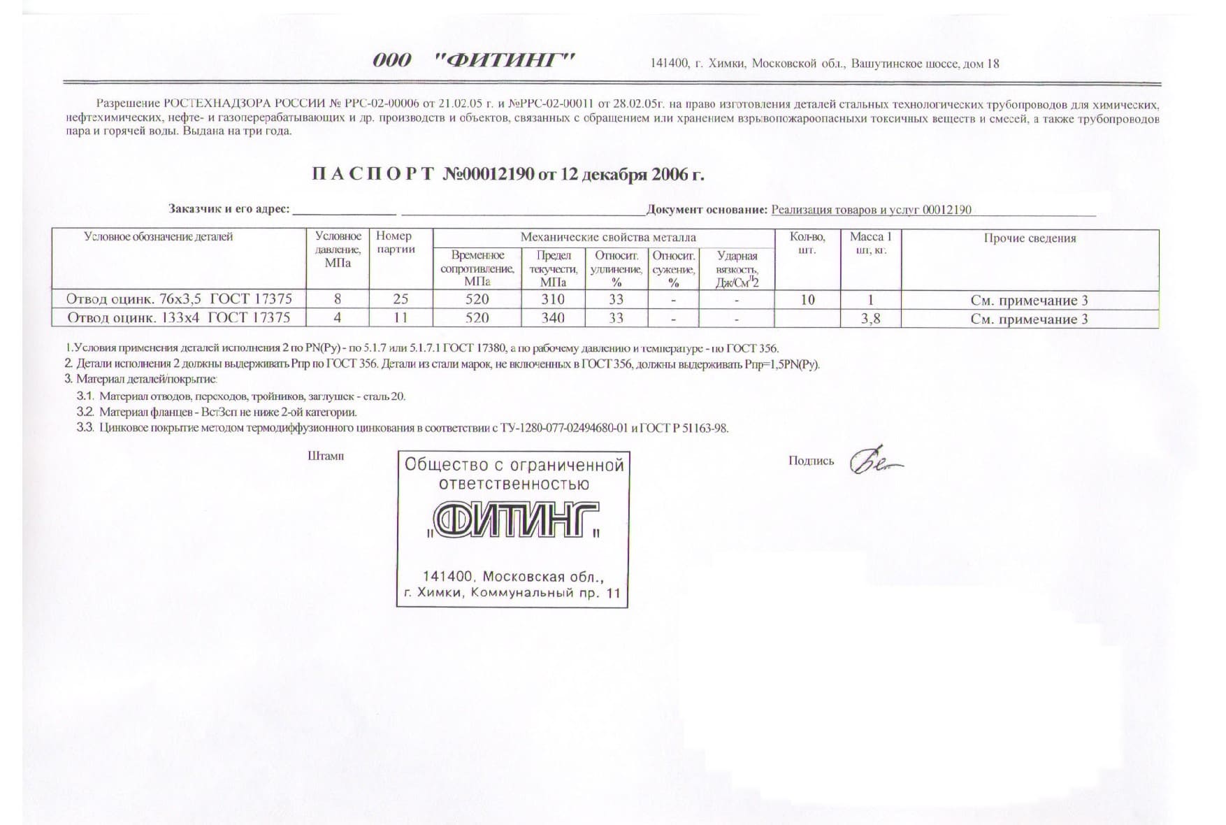 Сертификат на оцинкованный отвод 133х4 от 12-06